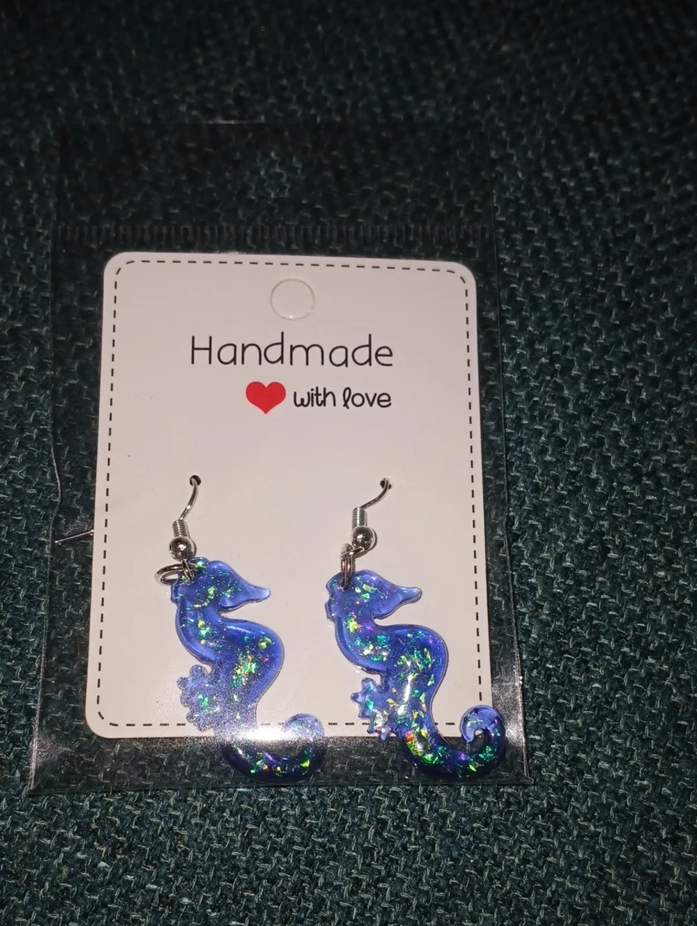 Handmade Blue Glitter Seahorse Dangle Earrings